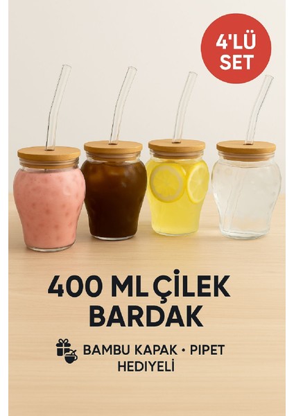 4 Adet Çilek Desenli 400 ml Borosilikat Cam Bardak – Bambu Kapaklı, Cam Pipet Hediyeli fiyatları