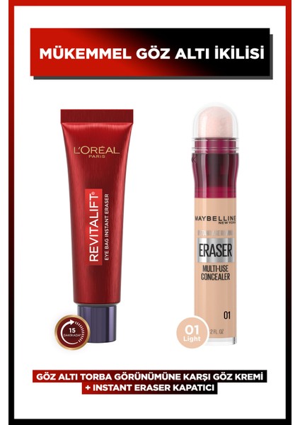 L'oreal Paris Revitalift Lazer Eyebag Göz Altı Torbalarına Karşı Göz Kremi + Instant Anti Age Eraser 01 Light