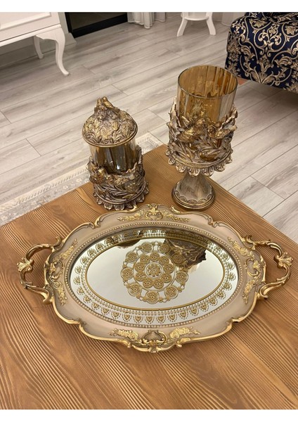 Şık Klasik Oval Aynalı Hediyelik Nişan Sunum Tepsisi fırsatları
