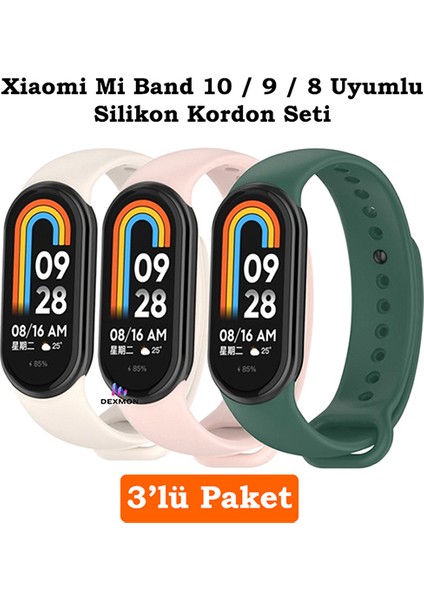 Xiaomi Mi Band 8 Mi Band 9 Mi Band 10 Uyumlu 3lü Paket Silikon Kordon Bileklik Metal Pimli