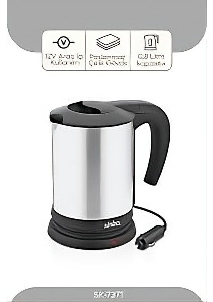 SK-7371 12V Araç Içi Kettle Paslanmaz Çelik Su Isıtıcısı 0.8lt 120W Çakmaklık Fişli