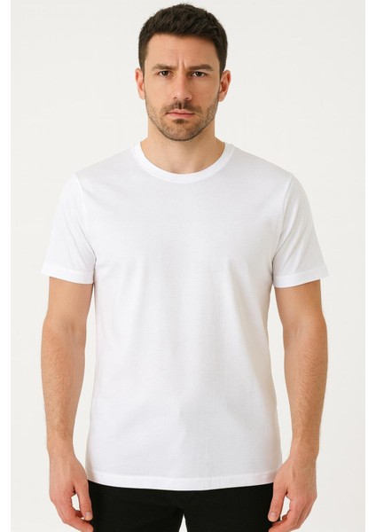 Erkek Pamuklu Basic Beyaz T-Shirt 3'lü Set