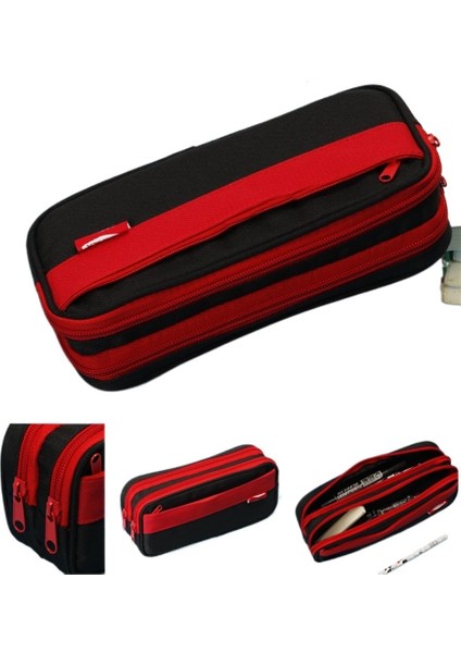 Yüksek Değerli Çift Katmanlı Kalem Kutusu Basit Kalem Kutusu Ilkokul Öğrencisi Kalem Kutusu Büyük Kapasiteli Üç Katmanlı Renk Uyumlu Kırmızı Fermuar (Yurt Dışından)
