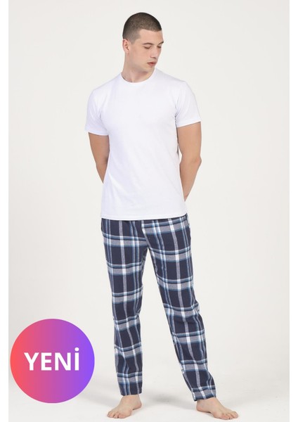 Erkek Kısa Kollu Ekose Pijama Takımı – Beyaz Üst, Kırmızı / Siyah / Mavi Alt