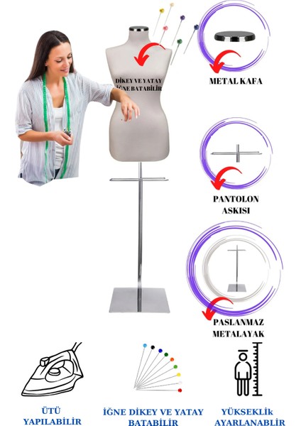 Sünger Iğne Batabilen Paslanmaz Ayaklı 40 Beden Beyaz Kumaşlı Terzi Mankeni Prova Mankeni Po-01