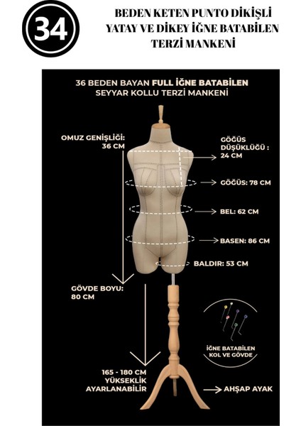 Dikiş Takım Setli - Özel Punto Kumaş - 34 Beden Pantolon Giyebilen Iğne Batabilen Terzi Mankeni fiyatları