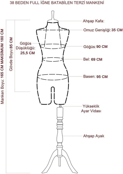 38 Beden Ahşap Kollu Terzi Mankeni Prova Mankeni Vitrin Mankeni fiyatları