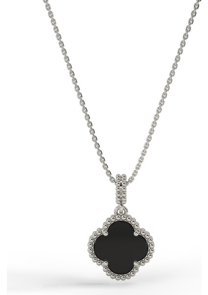 925 Ayar Oniks Taşlı Rodyum Yonca Gümüş Kolye modelleri