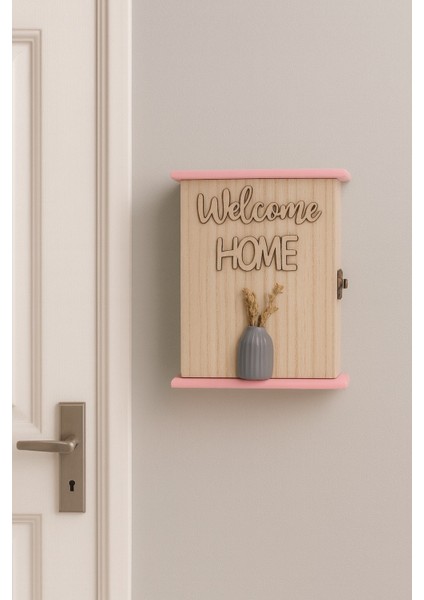 Ahşap Anahtarlık Kutusu – “welcome Home” Yazılı ve Vazolu Dekoratif Duvar Askısı BR-6633