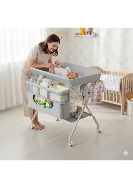 Portatif Bebek Alt Değiştirme Bakım Masası Sepetli Organizer Katlanabilir Taşınabilir Istasyon Tekerlekli Askılık