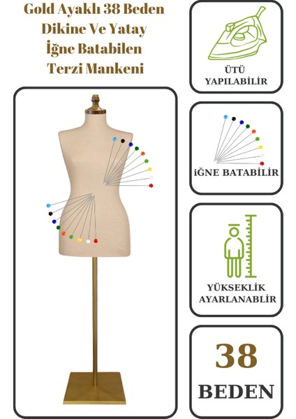 38 Beden Iğne Batabilen Terzi Mankeni Prova Mankeni Sünger Manken Gold Ayaklı Krem Kumaş Po-01