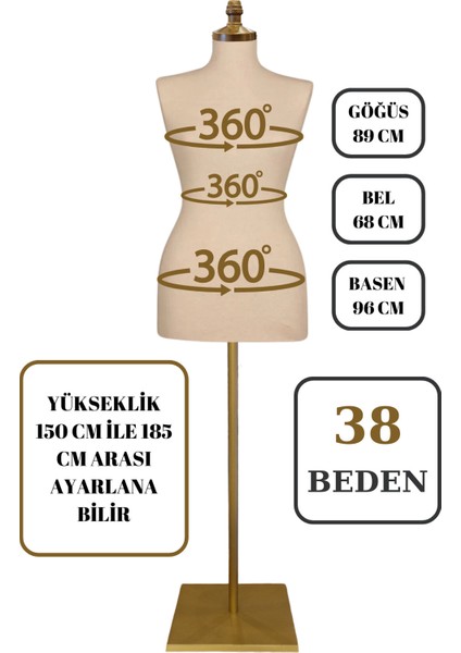 38 Beden Iğne Batabilen Terzi Mankeni Prova Mankeni Sünger Manken Gold Ayaklı Krem Kumaş Po-01 fırsatları