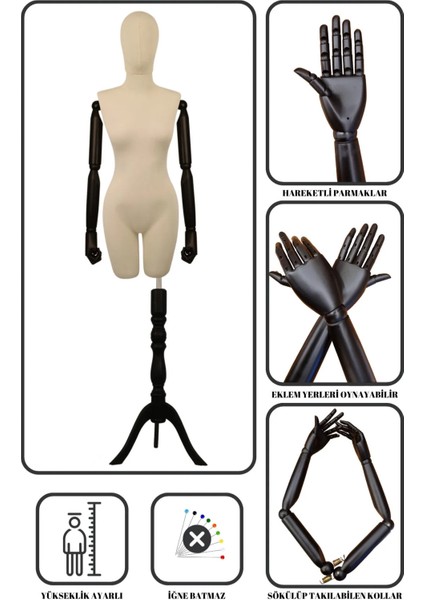 38 Beden Pinokyo Ahşap Kollu Kumaş Kafalı Vitrin Mankeni Terzi Mankeni