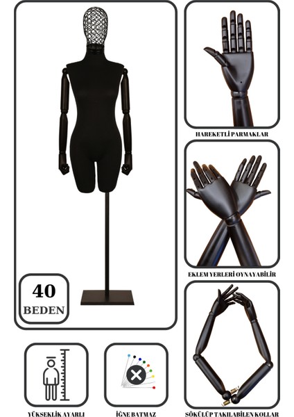 40 Beden Yüksek Kalite Tel Kafalı Ahşap Kollu Pantolon Giyebilen Terzi Mankeni
