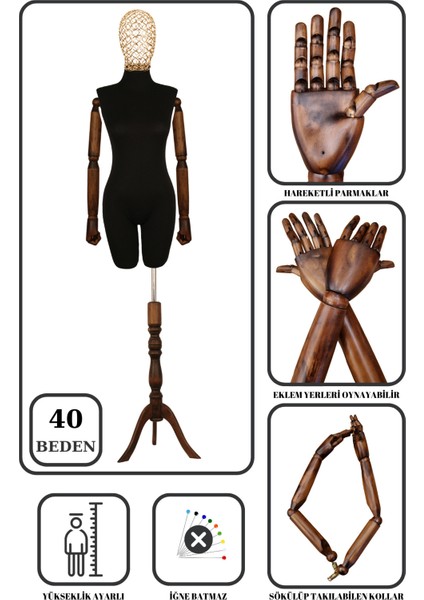 40 Beden Yüksek Kalite Tel Kafalı Ahşap Kollu Pantolon Giyebilen Terzi Mankeni