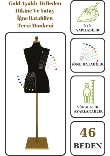 46 Beden Iğne Batabilen Terzi Mankeni Prova Mankeni Sünger Manken Gold Ayaklı Siyah Kumaş Po-01