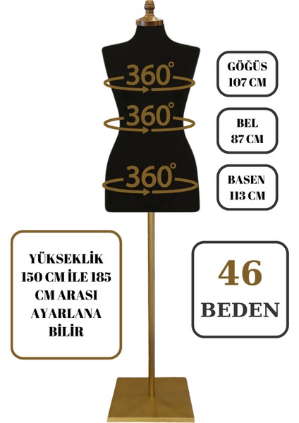 46 Beden Iğne Batabilen Terzi Mankeni Prova Mankeni Sünger Manken Gold Ayaklı Siyah Kumaş Po-01 fırsatları