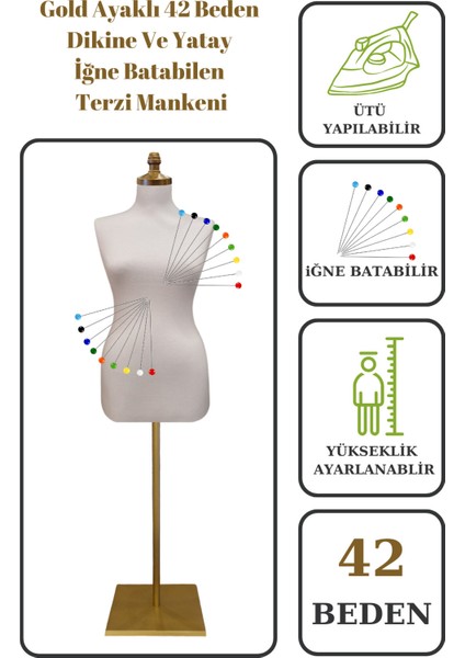42 Beden Iğne Batabilen Terzi Mankeni Prova Mankeni Sünger Manken Gold Ayaklı Beyaz Kumaş Po-01