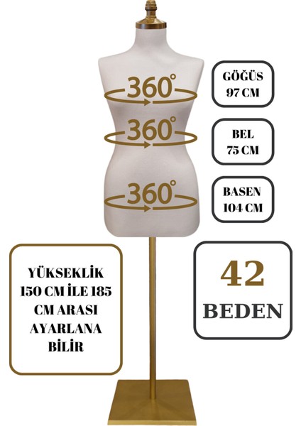 42 Beden Iğne Batabilen Terzi Mankeni Prova Mankeni Sünger Manken Gold Ayaklı Beyaz Kumaş Po-01 fırsatları