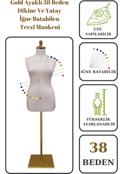38 Beden Iğne Batabilen Terzi Mankeni Prova Mankeni Sünger Manken Gold Ayaklı Beyaz Kumaş Po-01