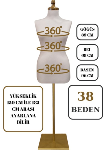 38 Beden Iğne Batabilen Terzi Mankeni Prova Mankeni Sünger Manken Gold Ayaklı Beyaz Kumaş Po-01 fırsatları