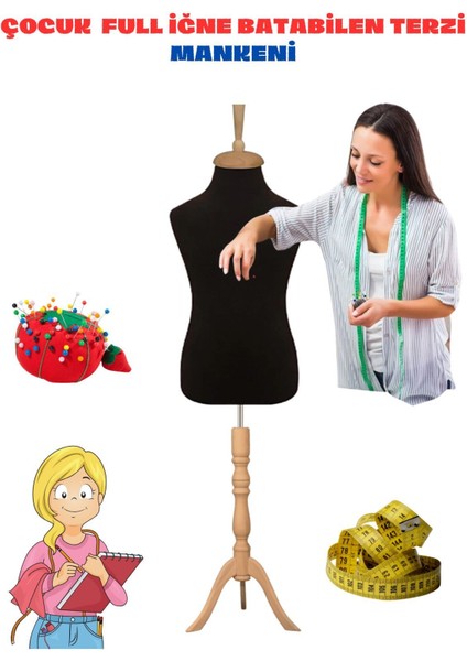 1 Yaş Iğne Batabilen Siyah Kumaş Çocuk Terzi Mankeni Prova Mankeni Vitrin Mankeni