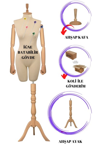Full Iğne Batabilen 38 Beden Ahşap Kollu Pantolon Giyebilen Prova Mankeni Vitrin Mankeni An-01