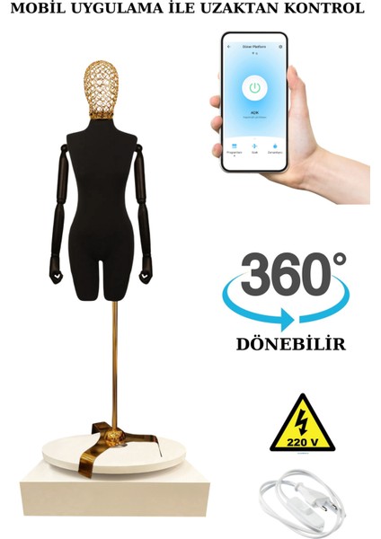 36 Beden 360 Derece Dönebilen Telefondan Kumandalı Ahşap Kollu Vitrin Mankeni Terzi Mankeni