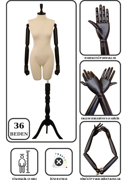 36 Beden Ahşap Kollu Iğne Batmaz Vitrin Amaçlı Terzi Mankeni Vitrin Mankeni