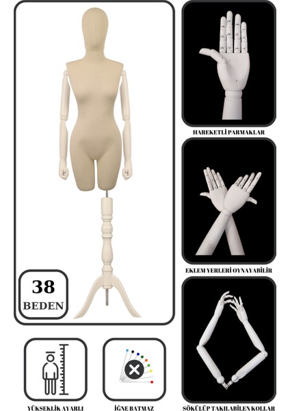 38 Beden Ahşap Kollu Iğne Batmaz Vitrin Amaçlı Terzi Mankeni Vitrin Mankeni