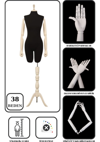 38 Beden Ahşap Kollu Iğne Batmaz Vitrin Amaçlı Terzi Mankeni Vitrin Mankeni