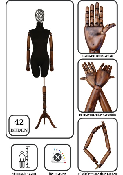 42 Beden Tel Kafalı Ahşap Kollu Pantolon Giyebilen Terzi Mankeni Vitrin Mankeni