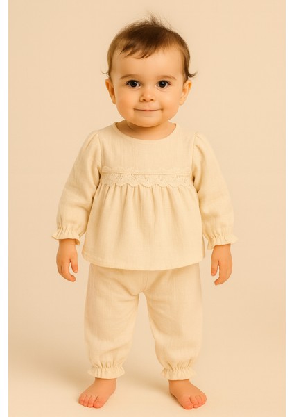 Dantel Detaylı %100 Pamuk Müslin Kumaş Bebek ve Çocuk Kız Ikili Takım