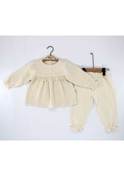 Dantel Detaylı %100 Pamuk Müslin Kumaş Bebek ve Çocuk Kız Ikili Takım modelleri