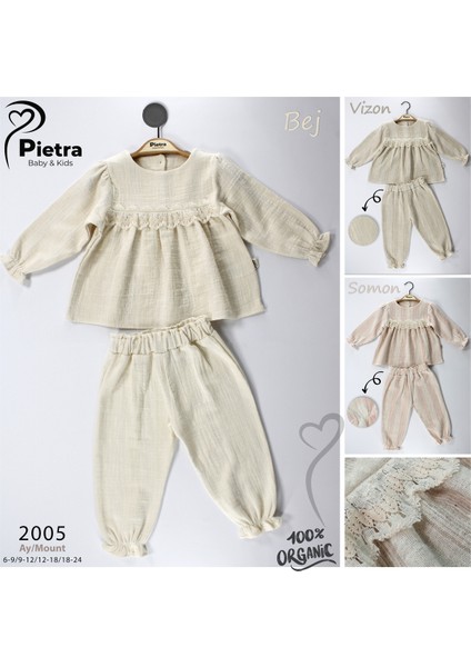 Dantel Detaylı %100 Pamuk Müslin Kumaş Bebek ve Çocuk Kız Ikili Takım