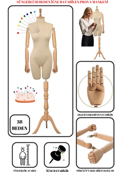 Süngerli 38 Beden Dik ve Yatay Iğne Batabilen Alt ve Üst Grup Prova Mankeni Terzi Mankeni An-01