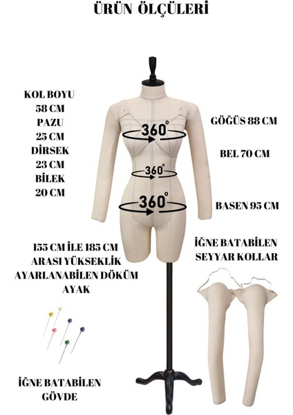 Seyyar Kollu Profesyonel Alt ve Üst Grup 38 Beden Iğne Batabilen Dikişli Terzi Prova Mankeni Pop-01 modelleri