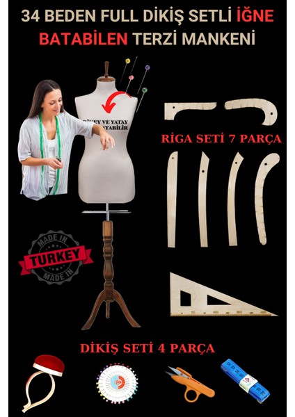 34 Beden Full Iğne Batabilen Dikiş Setli ve Riga Setli Terzi Mankeni Ceviz Takım