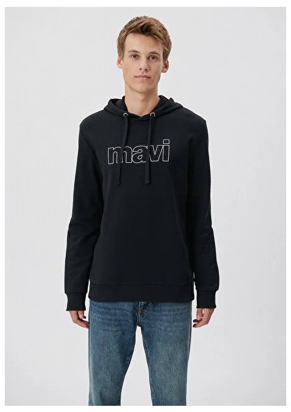 Erkek Siyah Kapüşonlu Baskılı Sweatshirt