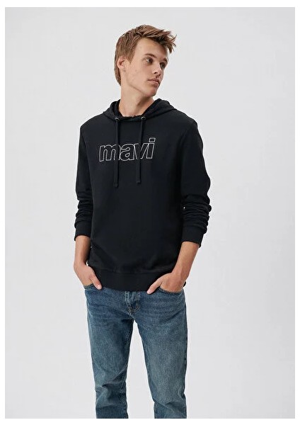 Erkek Siyah Kapüşonlu Baskılı Sweatshirt