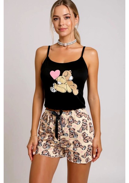 Renkli Ayıcık Desenli Askılı Şortlu Kadın Pijama Takımı modelleri