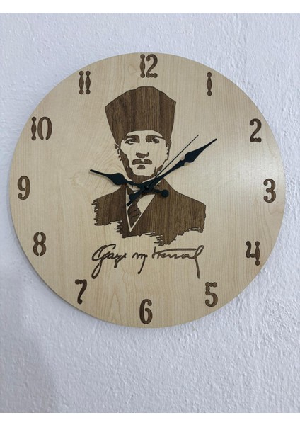 Atatürk Serisi - Ahşap Duvar Saati - 40 cm - Açık/koyu Zemin Seçenekli