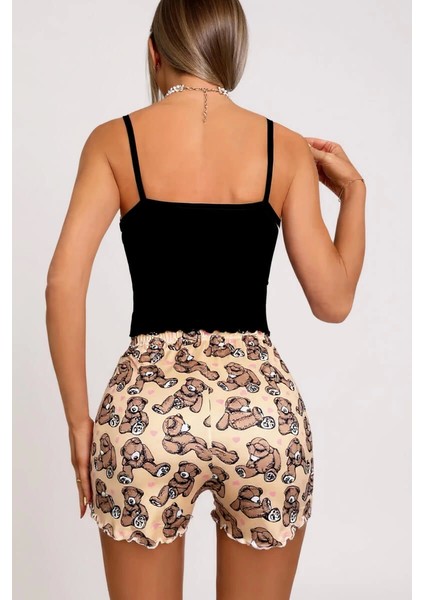 Renkli Ayıcık Desenli Askılı Şortlu Kadın Pijama Takımı fırsatları