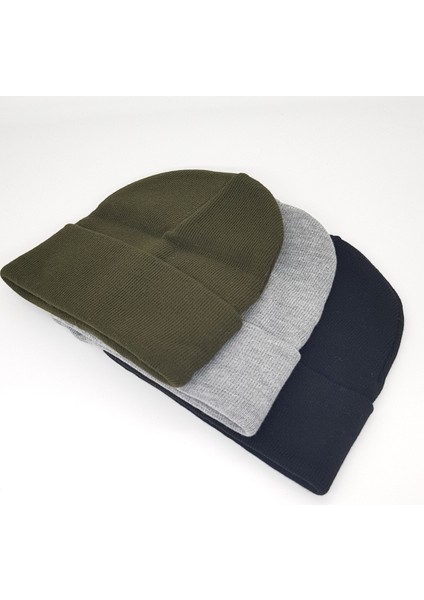 Unisex Basic Triko Yünlü Katlamalı Düz Bere 3'lü Set Yeşil Gri Siyah