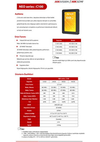 SSD C100 960 GB Kapasite ile 500 MB/s Okuma 450 MB/s Yazma Hızı Sata 3 Bağlantı modelleri