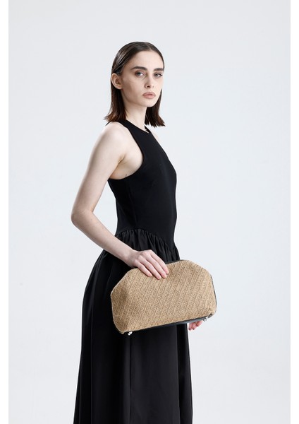Kadın Siyah Deri Detaylı Balık Sırtı Örgü Jüt Clutch El Çantası