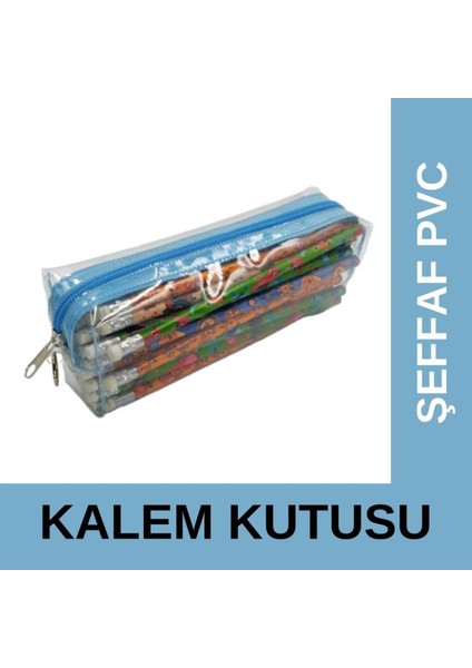 Togin Şeffaf Pvc Kalem Kutusu Mavi Fermuarlı Tek Bölmeli Standart Mavi Kalemlik
