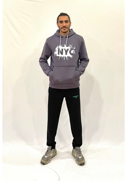 Erkek Kapşonlu Rahat Kalıp Içi Polarlı 3 Iplik Nyc Baskılı Sweatshırt SPR24SW09