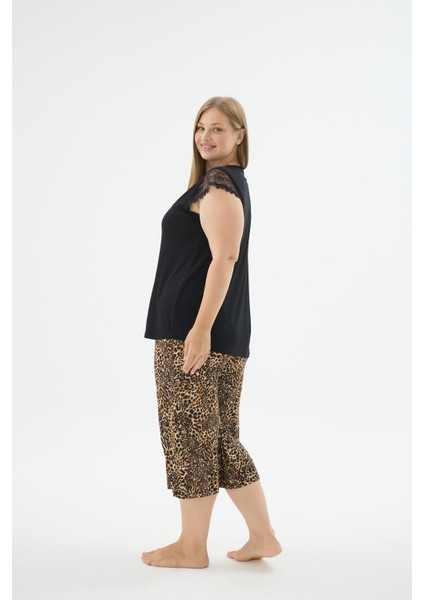 Kadın Büyük Beden Dantel Detaylı Siyah Leopar Desenli Kapri Pijama Takımı C4T2N371 fiyatları