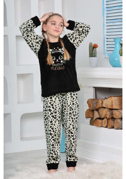 Kız Çocuk Leopar Desenli Göz Bantlı Peluş Polar Pijama Takımı